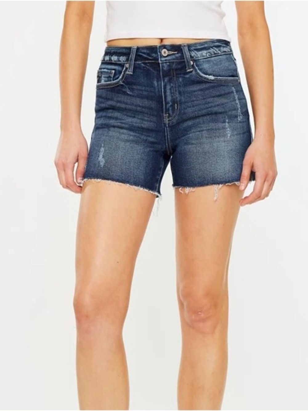 KanCan Dark Wash High Rise Frayed Hem 4” Shorts Distressed Denim Size 30 Women’s
